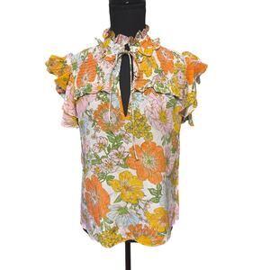 Gilner Farrar Floral Ruffle Neck Smocked Fairy Blouse XS Tie Front Top